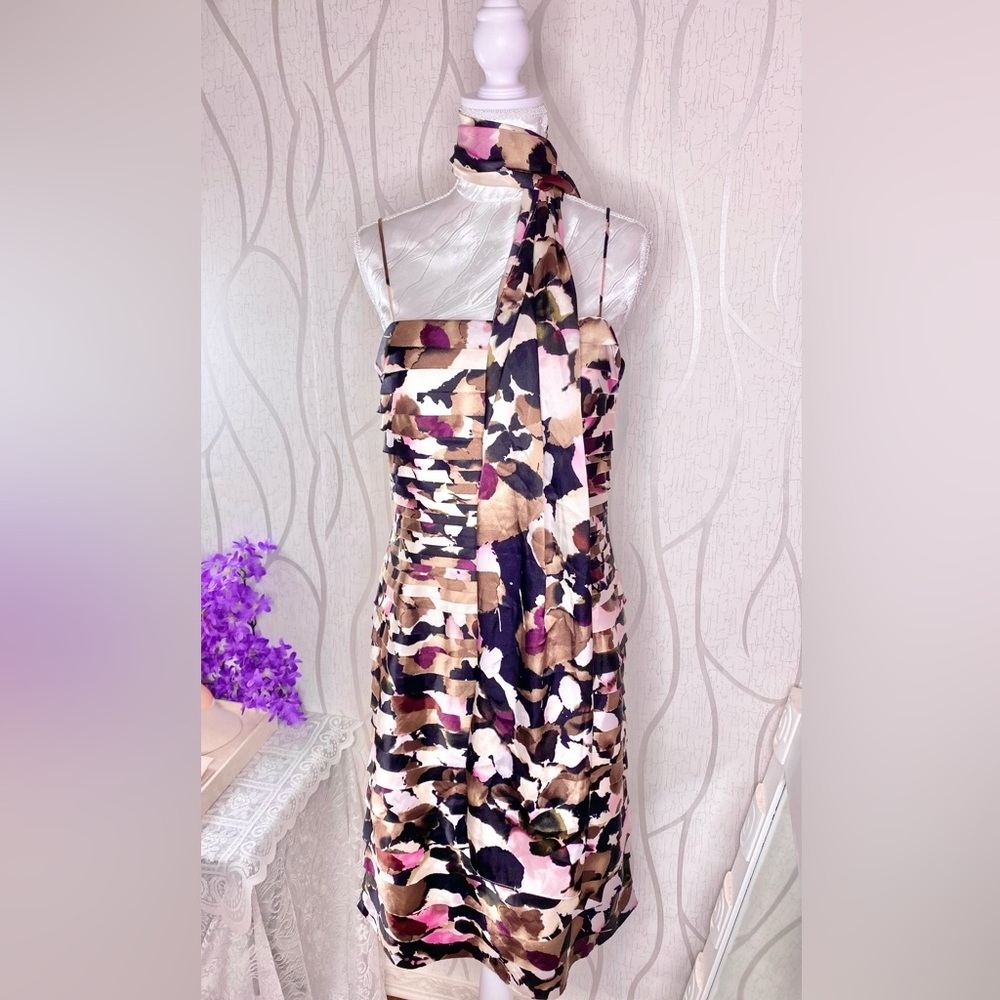 𝅺🌷 JS Collections 🌷Satin Multicoloured Midi Cocktail Dress w/ Scarf Sash